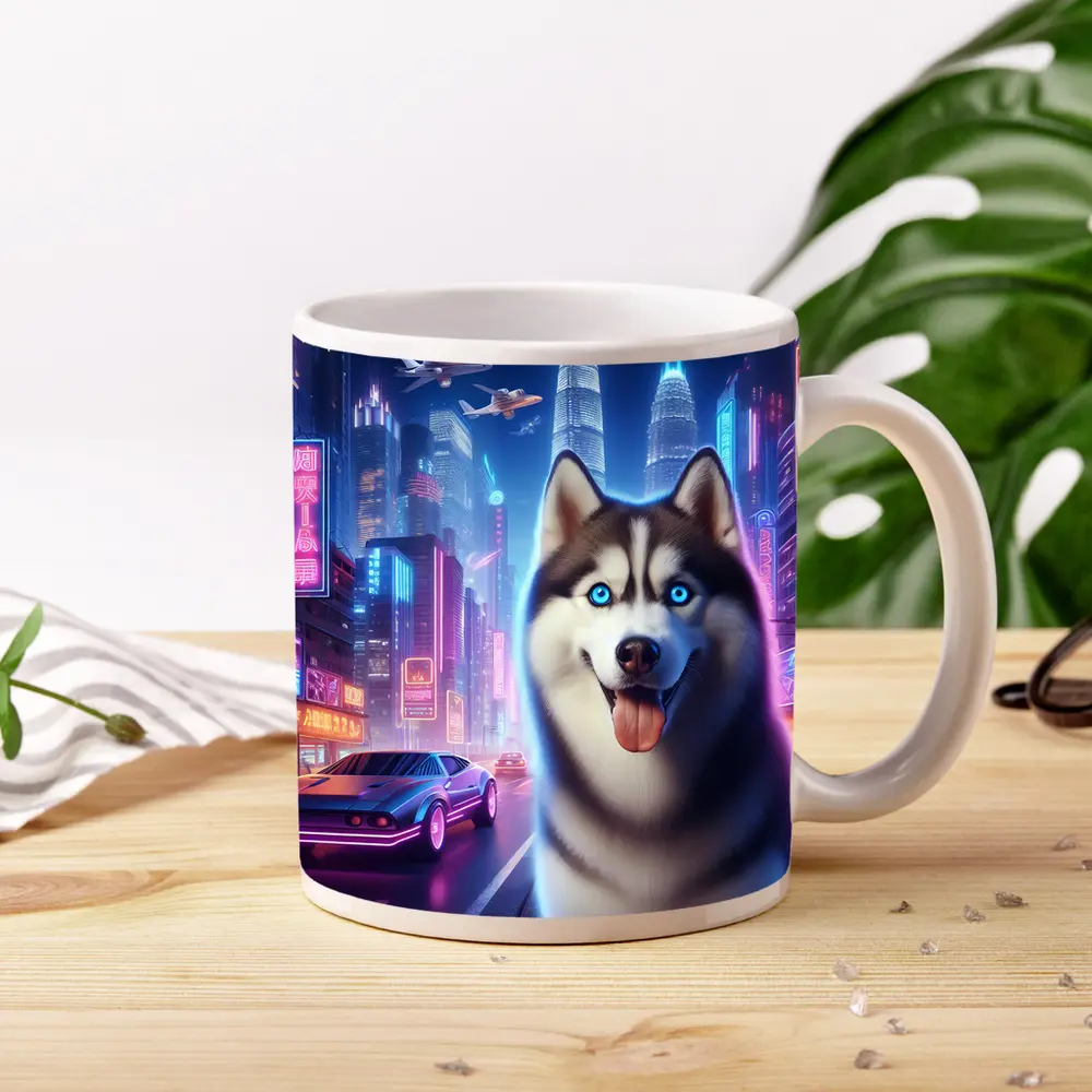 Siberian Husky Neon Cyberpunk City Night – Mugs