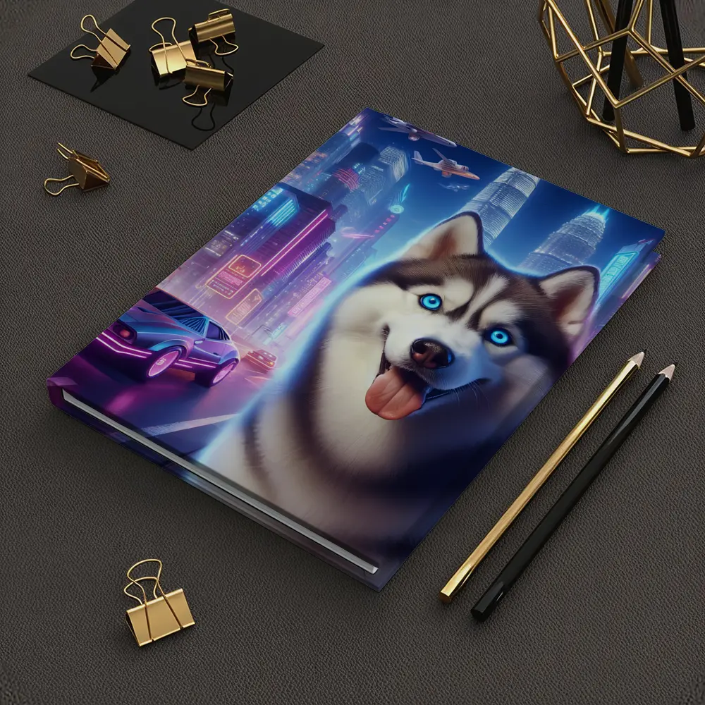 Siberian Husky Neon Cyberpunk City Night – Notebooks