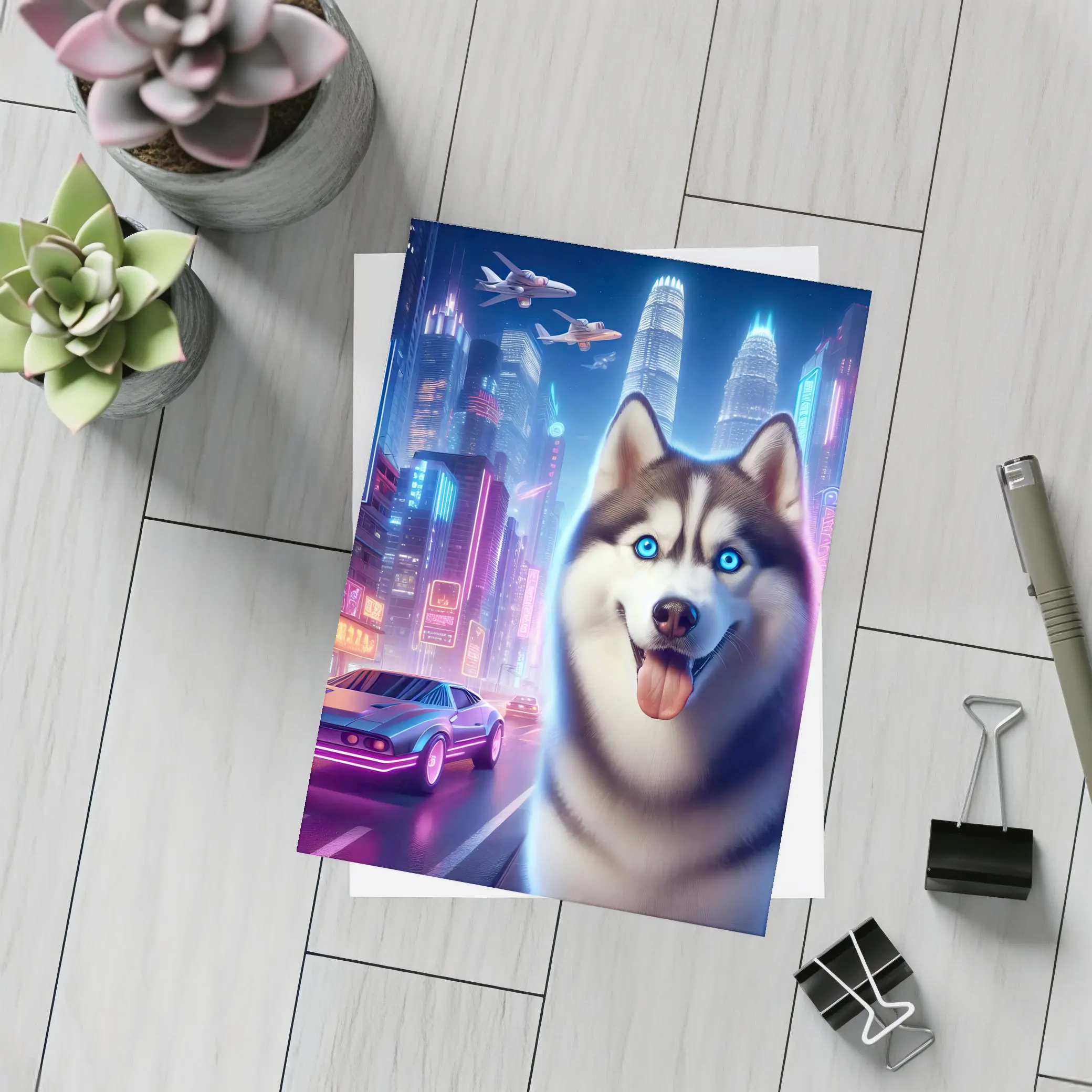 Siberian Husky Neon Cyberpunk City Night – Postcards