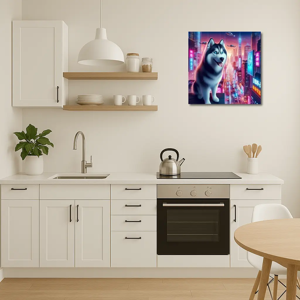 Siberian Husky Cyberpunk Neon City Night – Wall Art