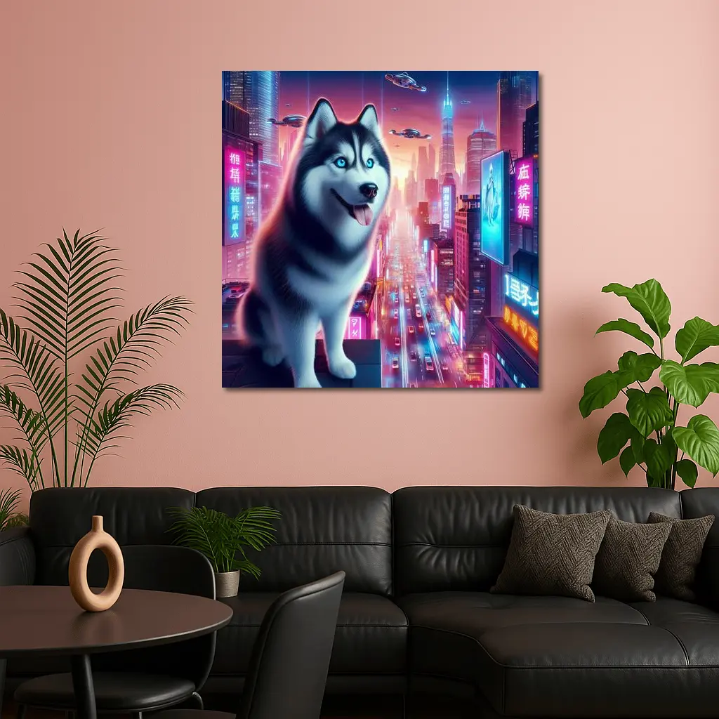 Siberian Husky Cyberpunk Neon City Night – Wall Art