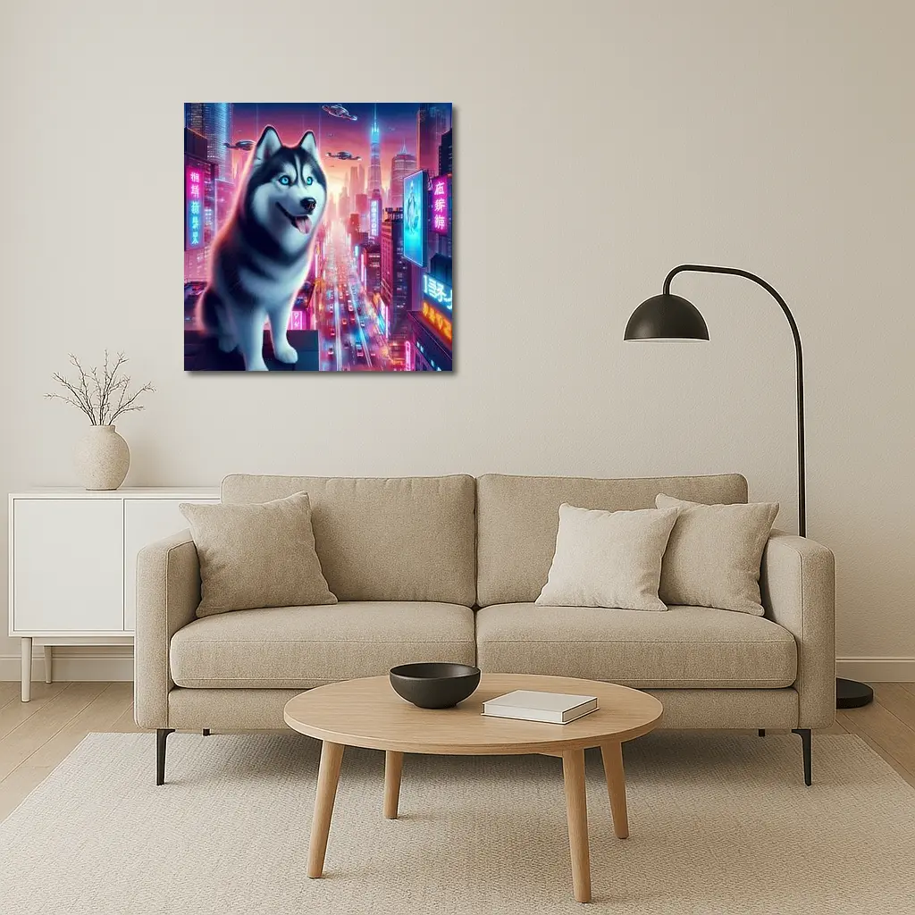 Siberian Husky Cyberpunk Neon City Night – Wall Art