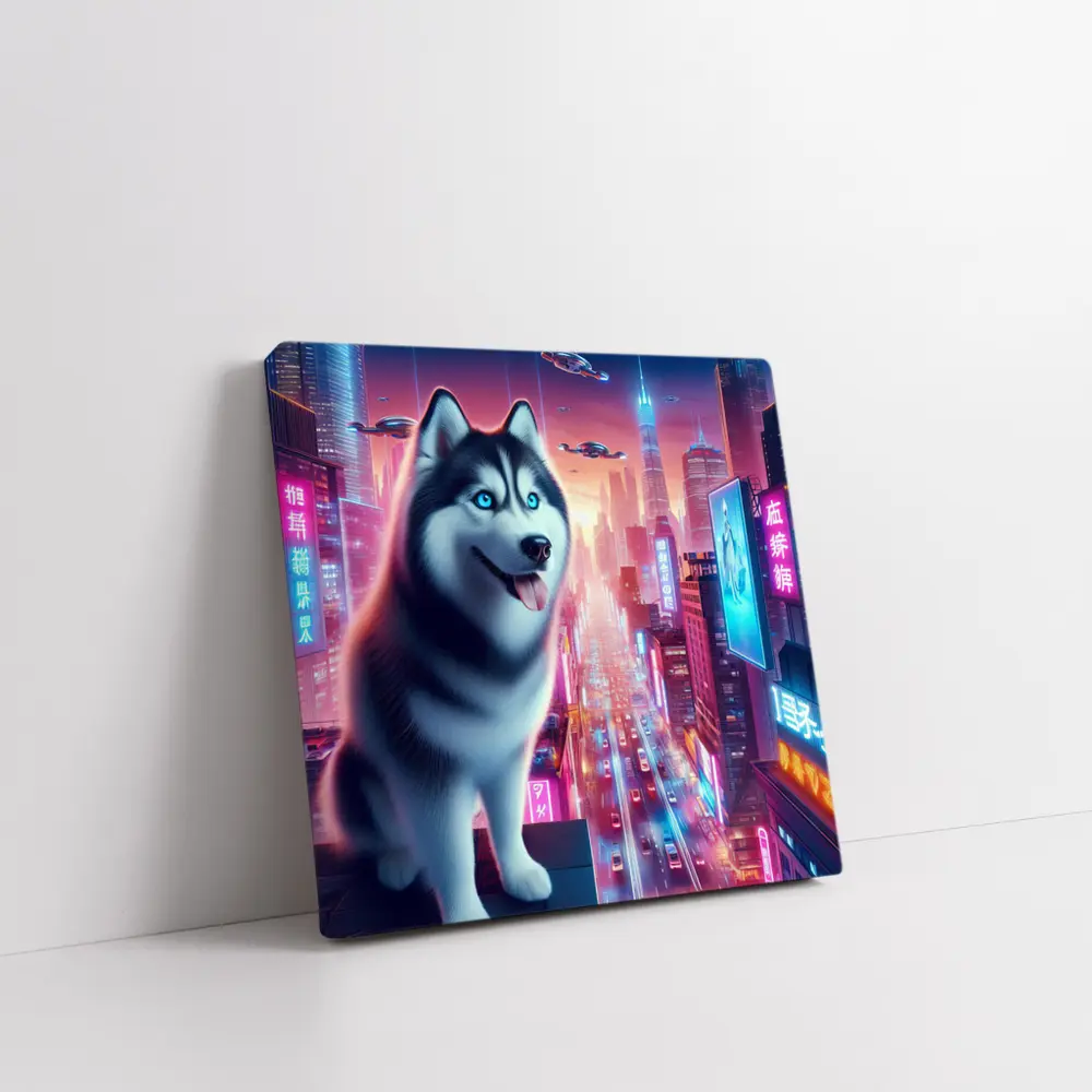 Siberian Husky Cyberpunk Neon City Night – Wall Art