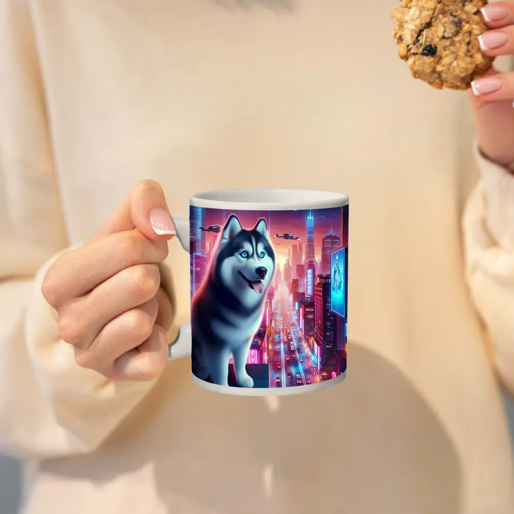 Siberian Husky Cyberpunk Neon City Night – Mugs