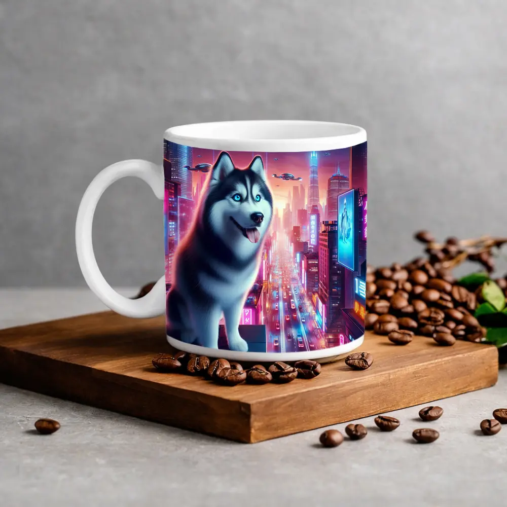 Siberian Husky Cyberpunk Neon City Night – Mugs