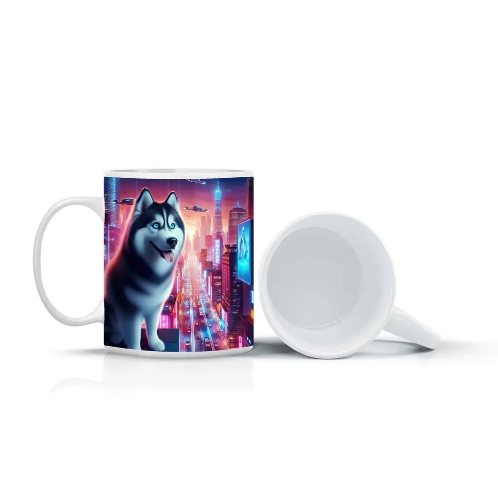 Siberian Husky Cyberpunk Neon City Night – Mugs