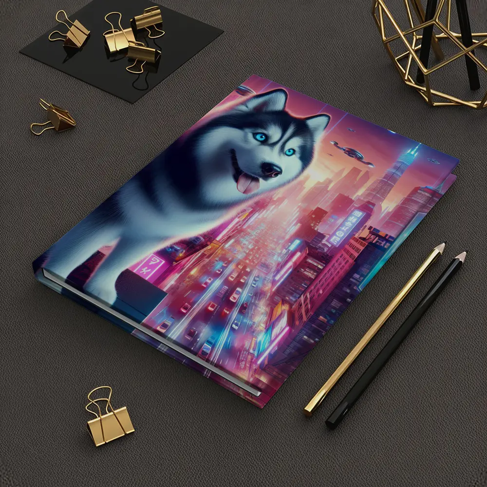 Siberian Husky Cyberpunk Neon City Night – Notebooks