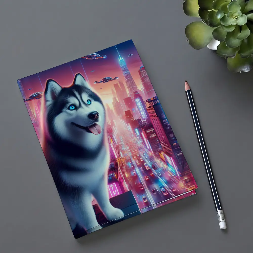 Siberian Husky Cyberpunk Neon City Night – Notebooks