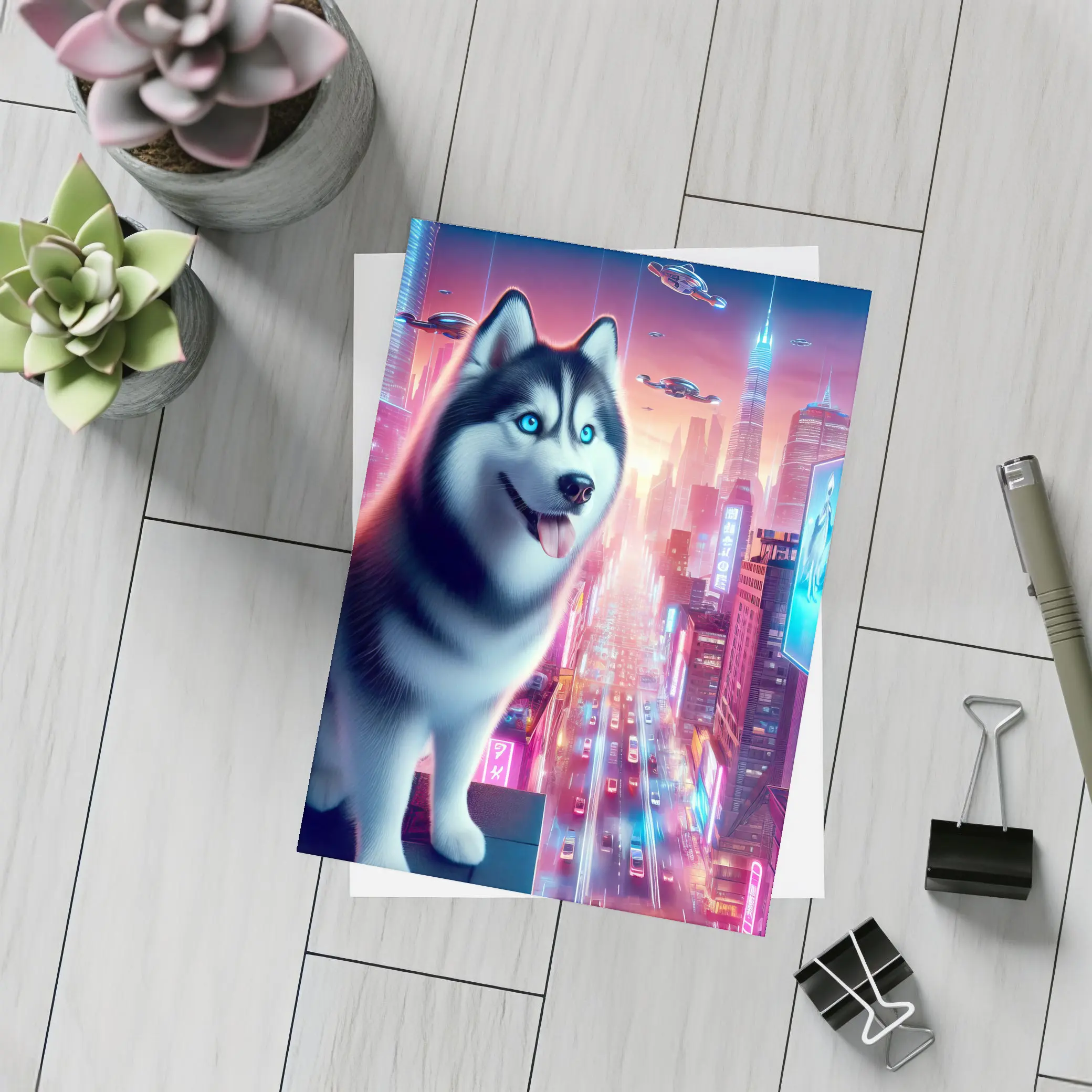 Siberian Husky Cyberpunk Neon City Night – Postcards