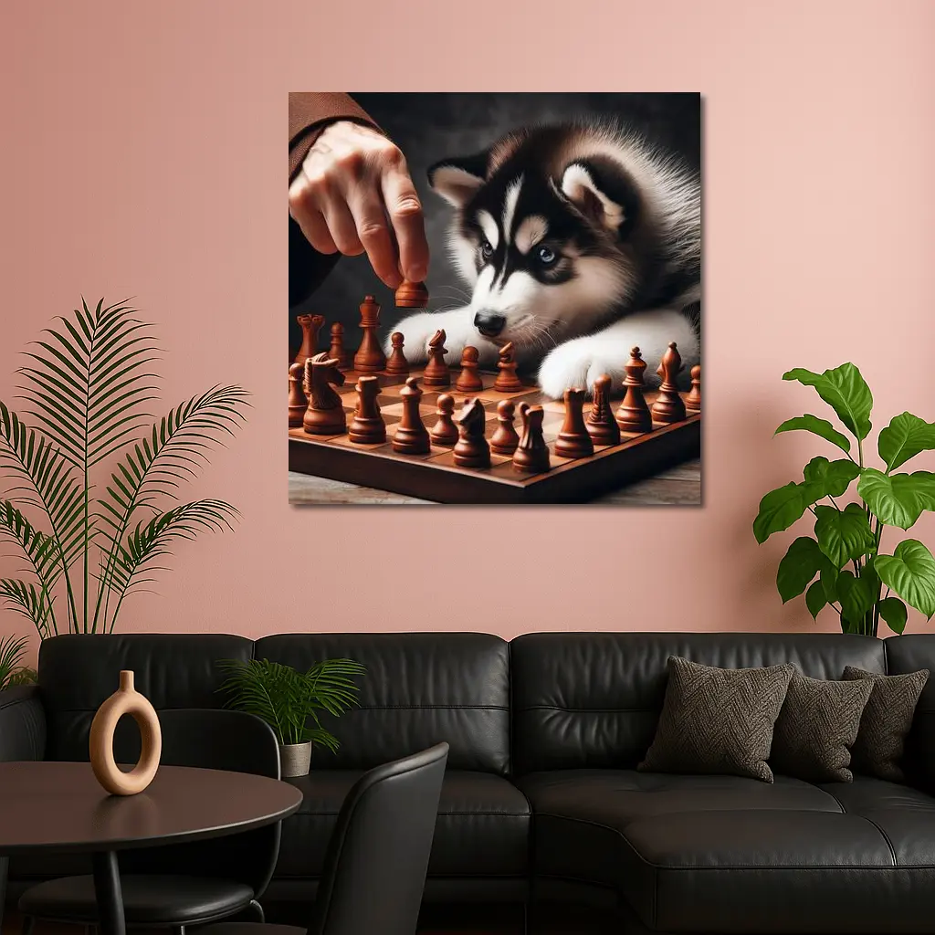 Siberian Husky Puppy Playing Chess Game – Wall Art