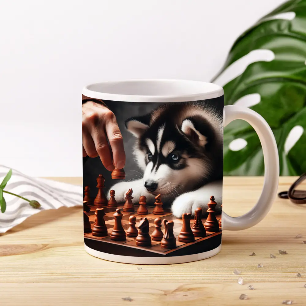 Siberian Husky Puppy Playing Chess Game – Mugs