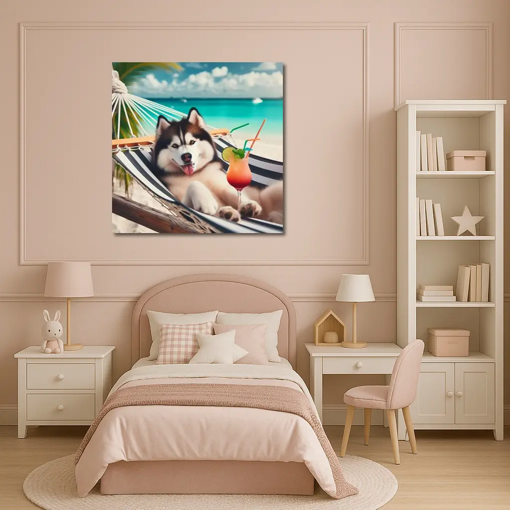 Siberian Husky Relaxing on Tropical Beach Hammock – Wall Art