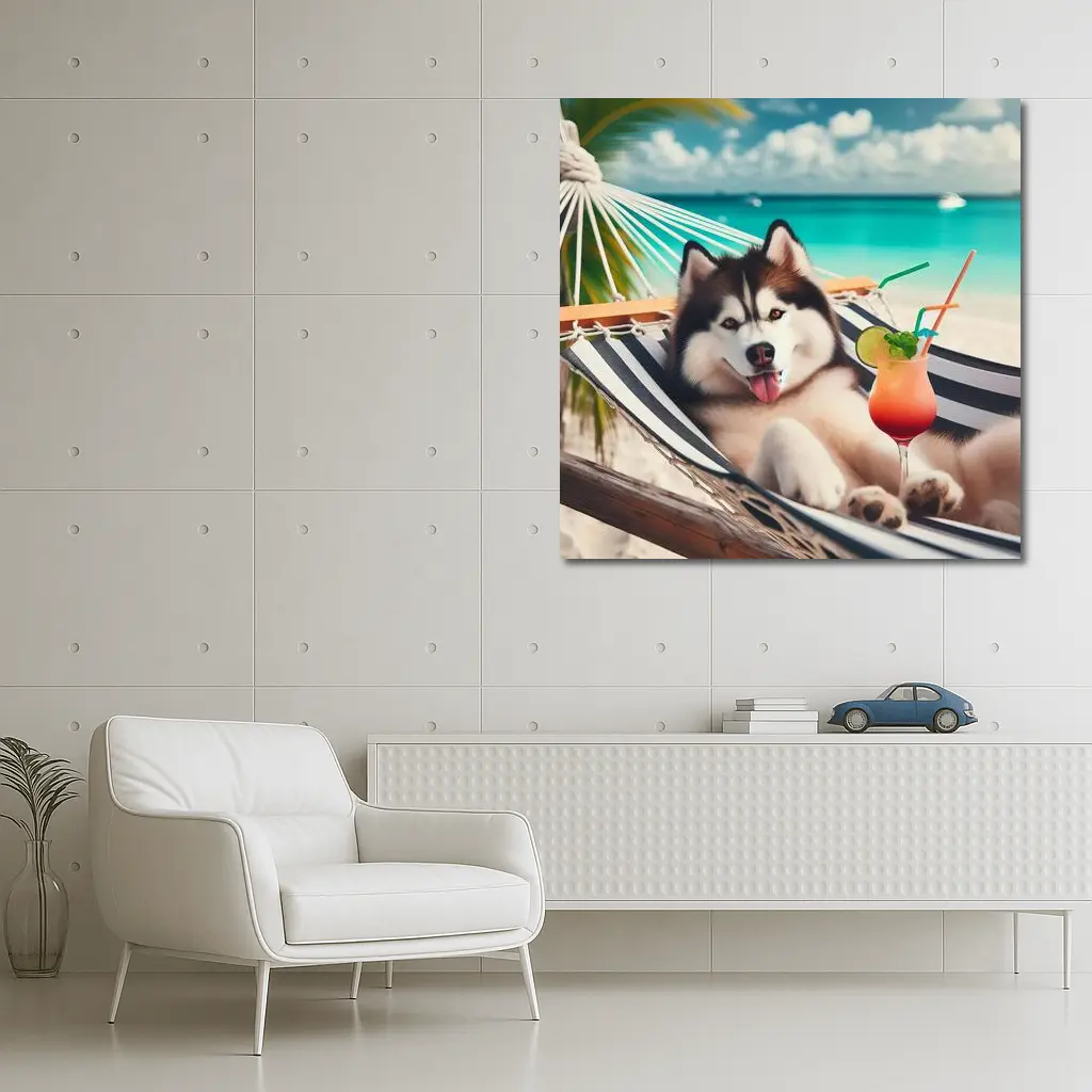 Siberian Husky Relaxing on Tropical Beach Hammock – Wall Art