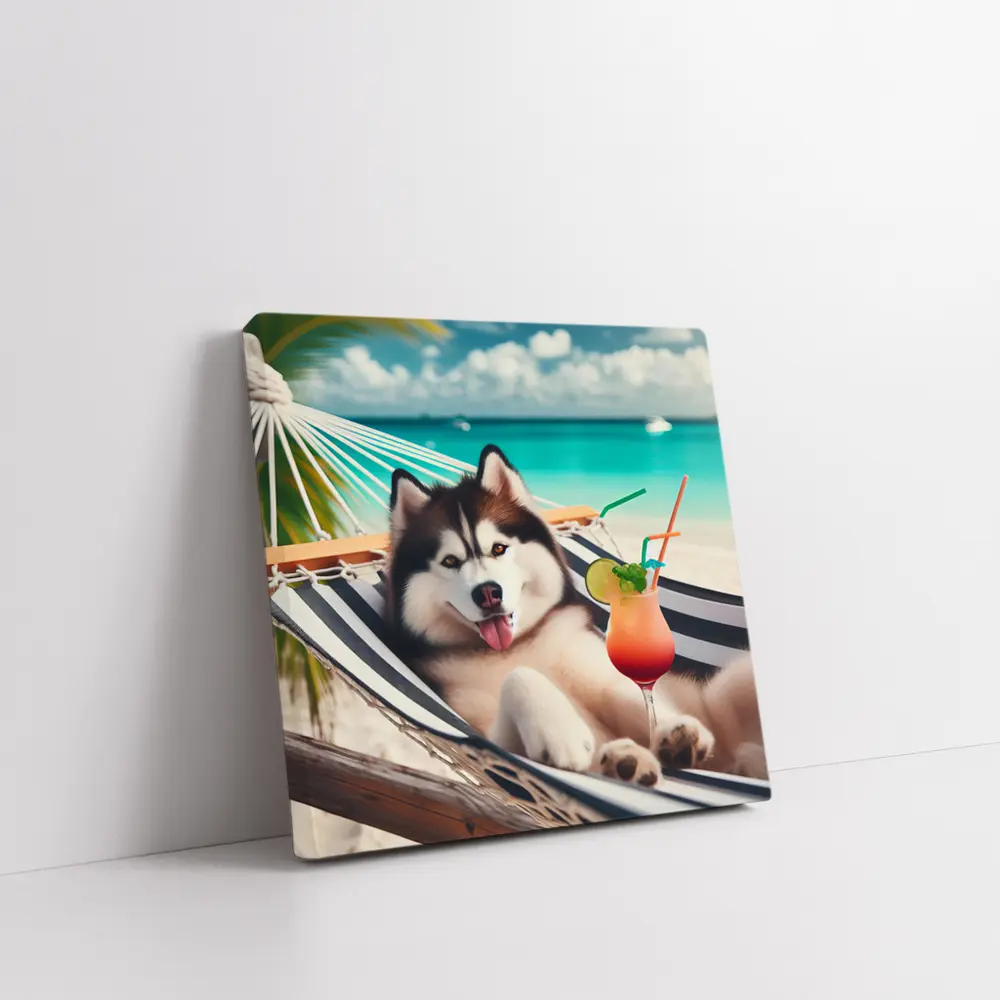 Siberian Husky Relaxing on Tropical Beach Hammock – Wall Art