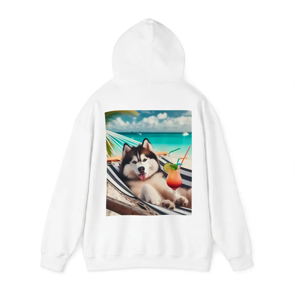 Siberian Husky Relaxing on Tropical Beach Hammock – Hoodies