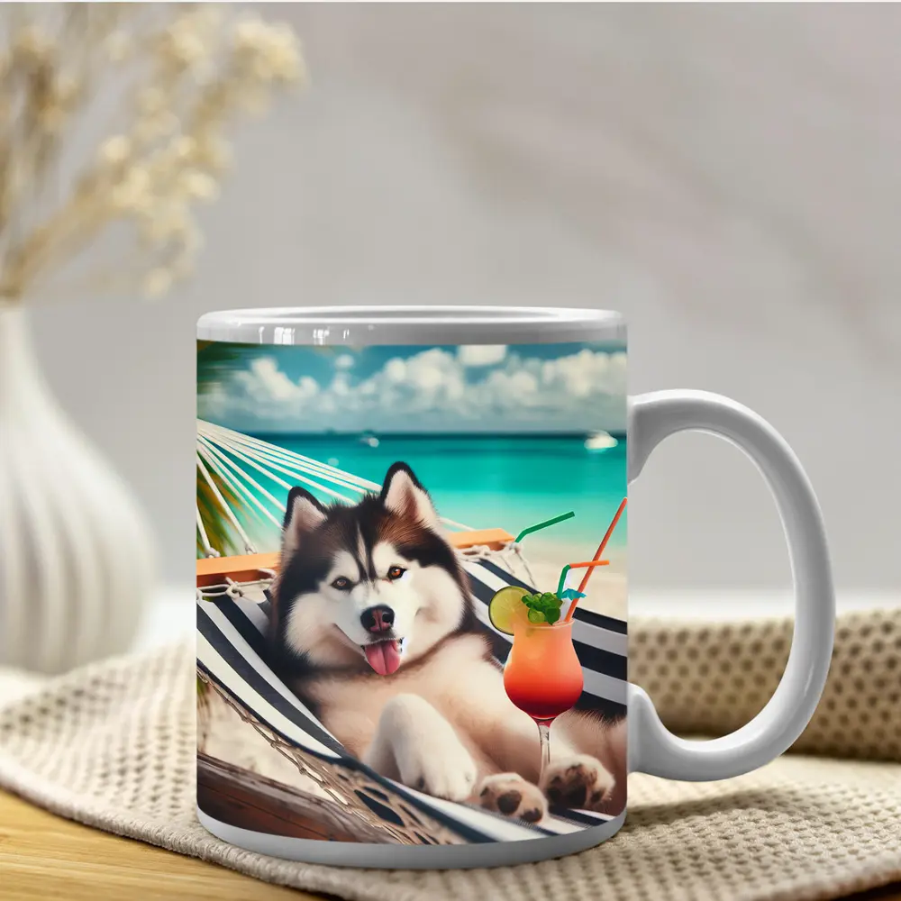Siberian Husky Relaxing on Tropical Beach Hammock – Mugs
