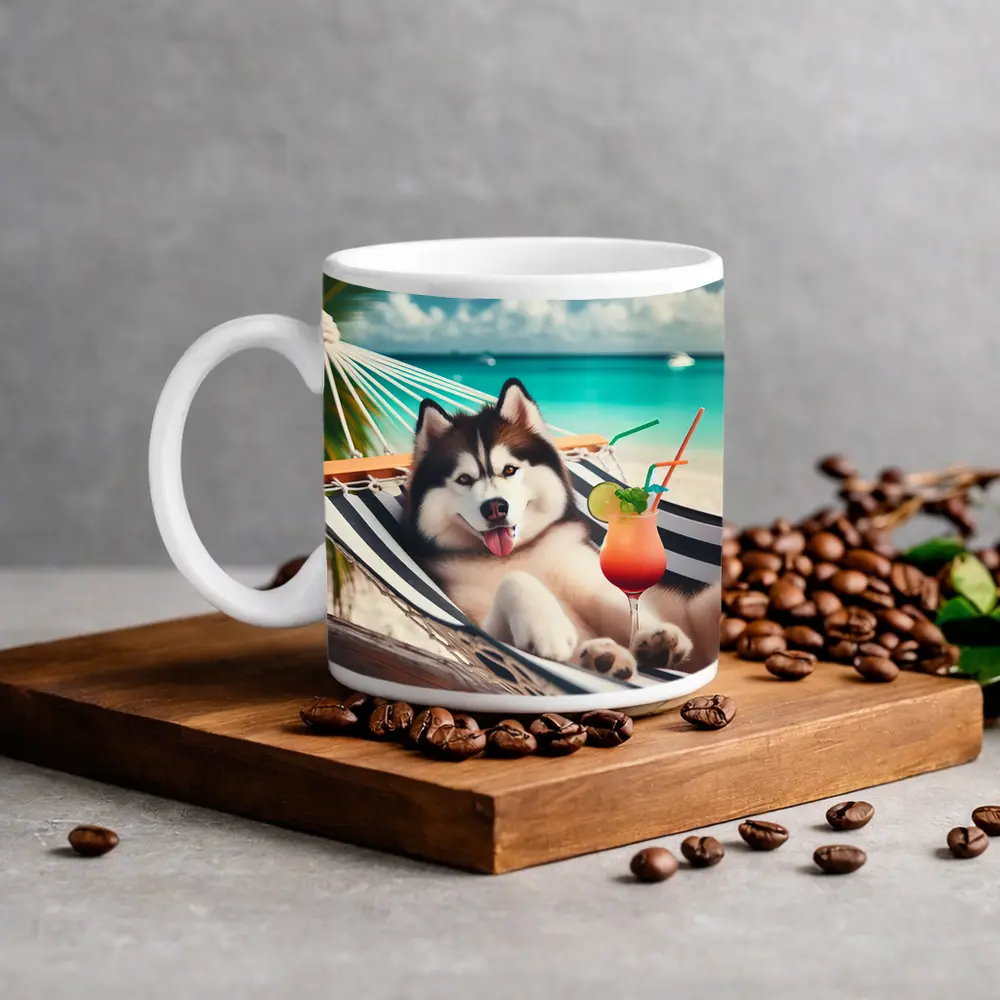 Siberian Husky Relaxing on Tropical Beach Hammock – Mugs