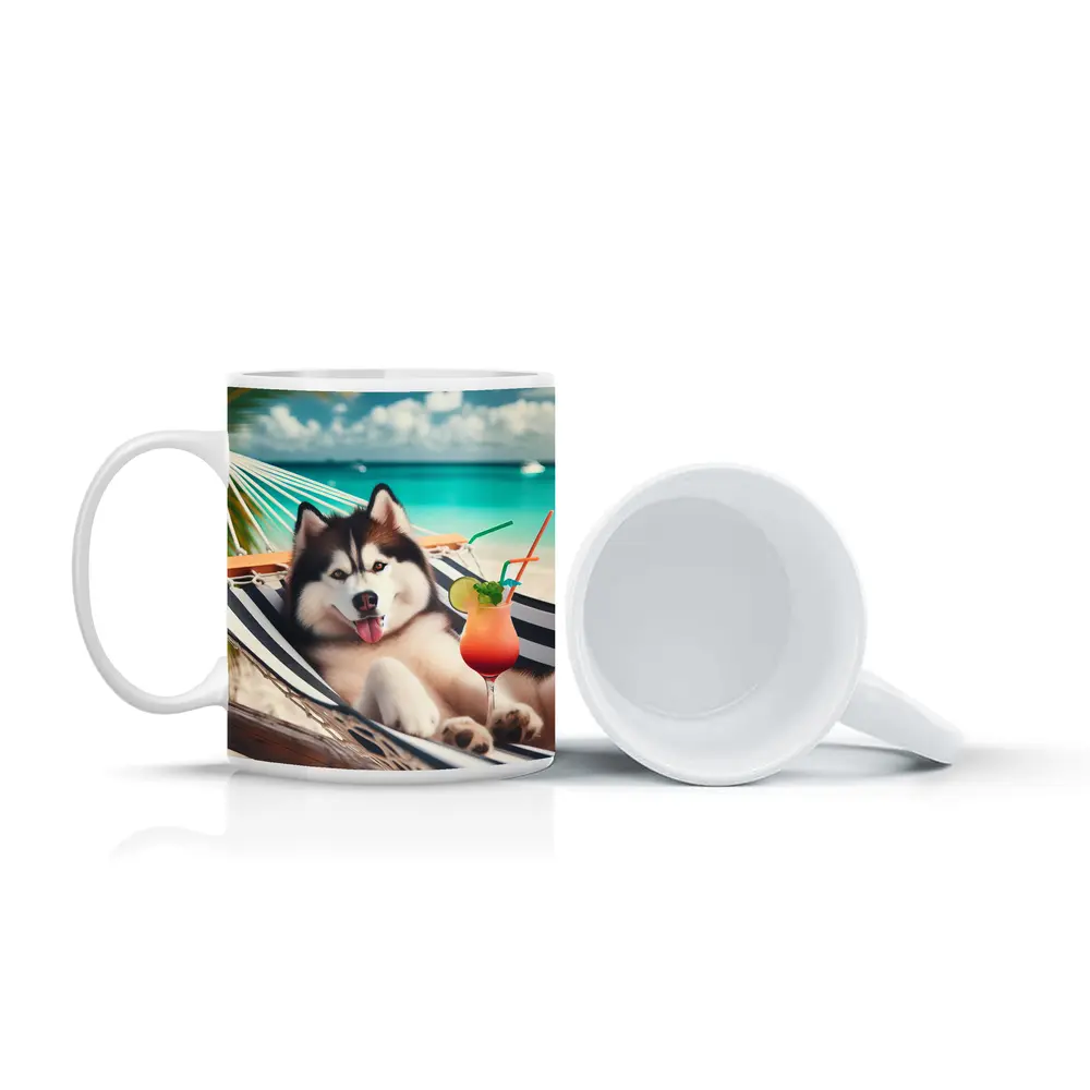 Siberian Husky Relaxing on Tropical Beach Hammock – Mugs