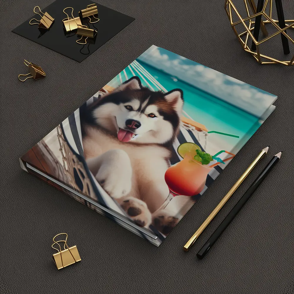 Siberian Husky Relaxing on Tropical Beach Hammock – Notebooks