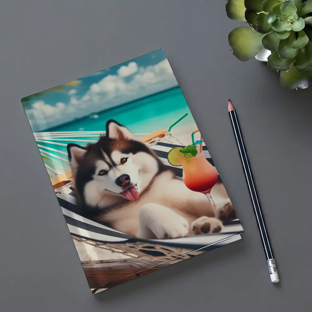 Siberian Husky Relaxing on Tropical Beach Hammock – Notebooks