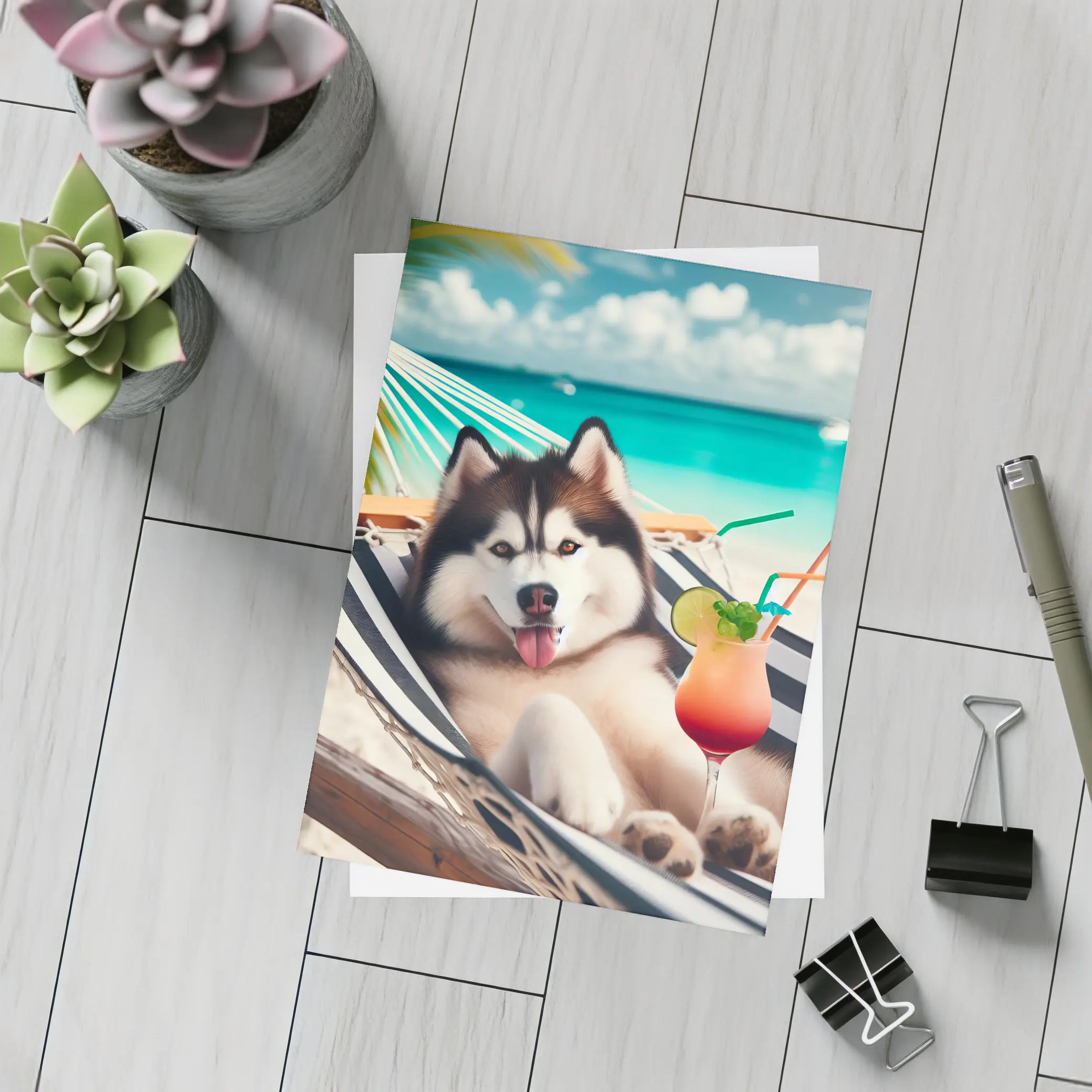 Siberian Husky Relaxing on Tropical Beach Hammock – Postcards