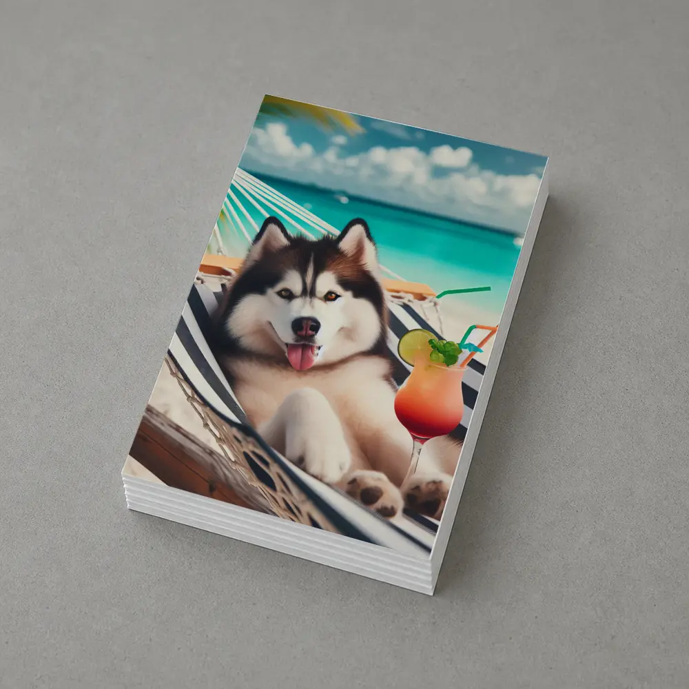Siberian Husky Relaxing on Tropical Beach Hammock – Postcards
