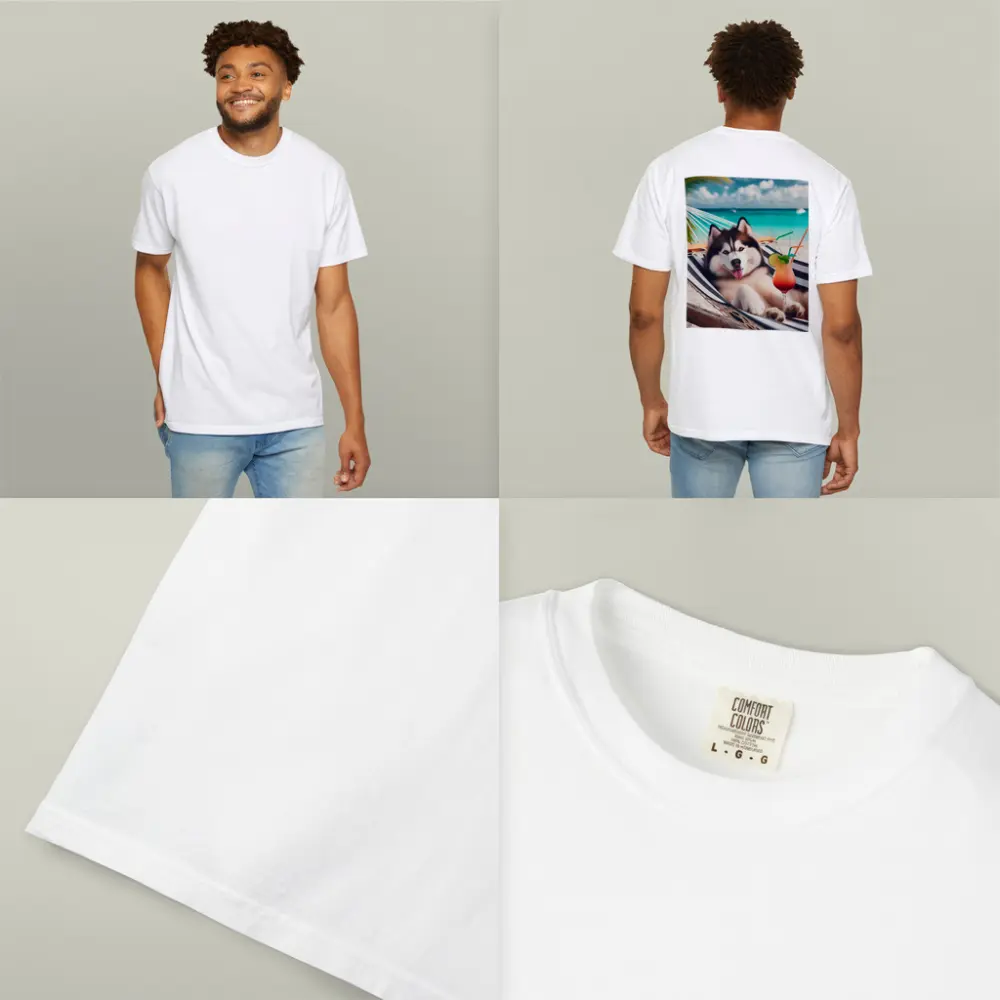 Siberian Husky Relaxing on Tropical Beach Hammock – T-Shirts