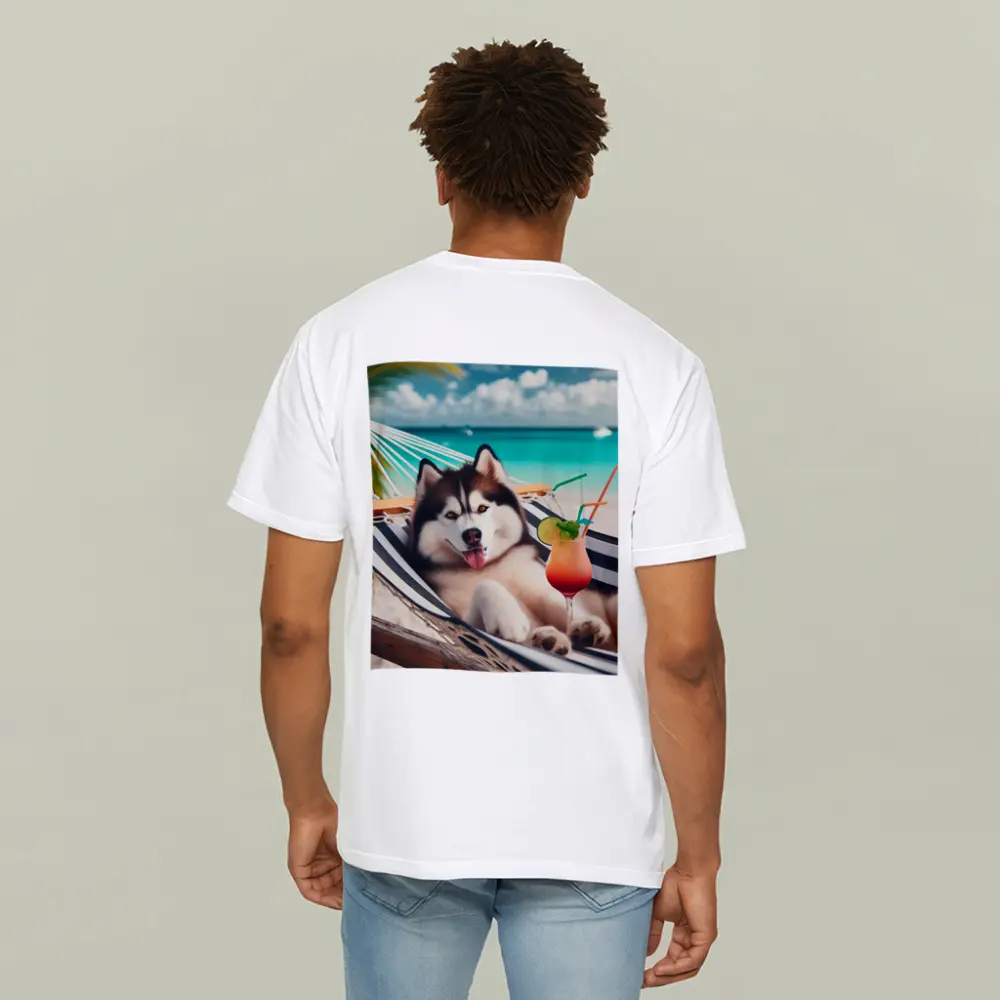 Siberian Husky Relaxing on Tropical Beach Hammock – T-Shirts