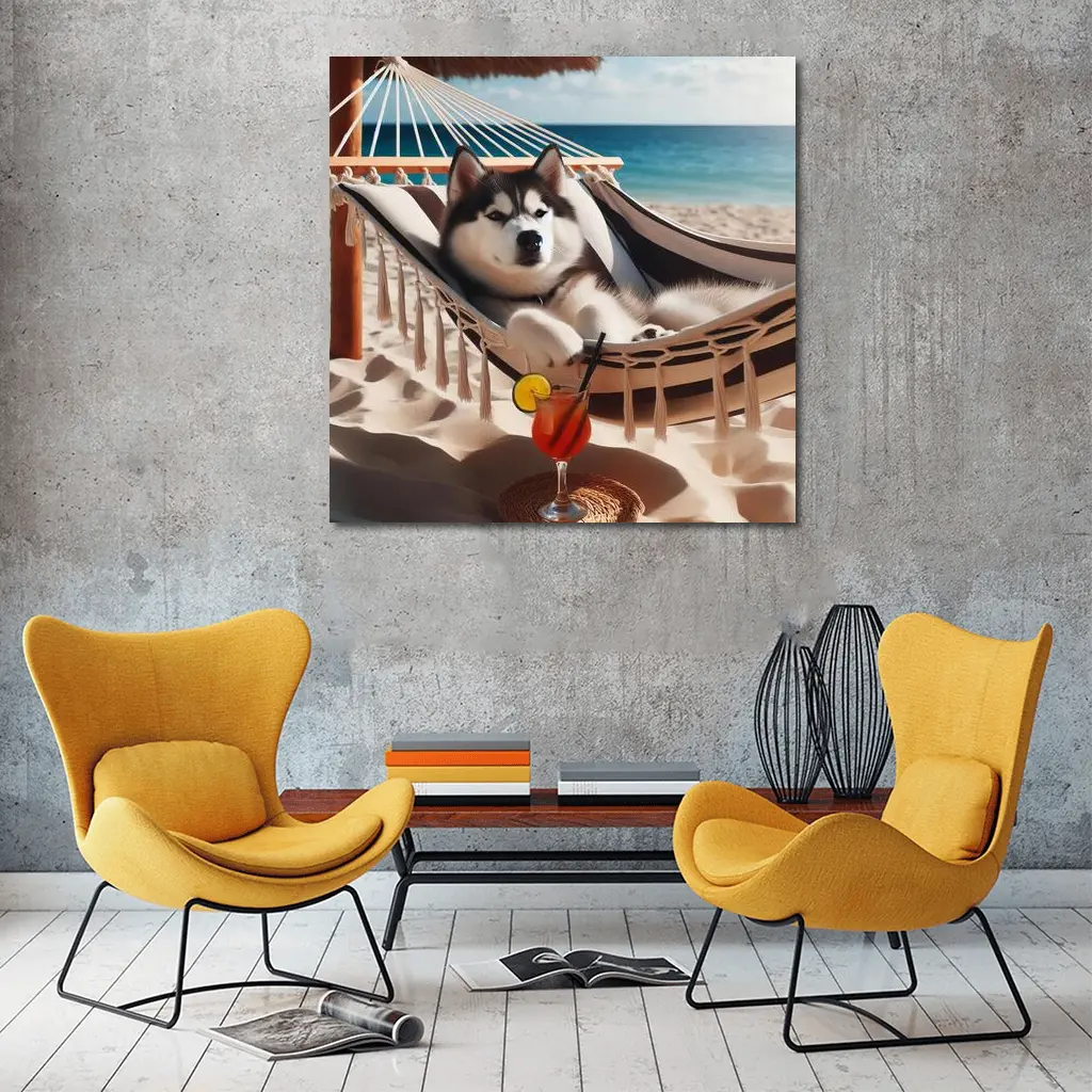 Siberian Husky Relaxing on Beach Hammock – Wall Art