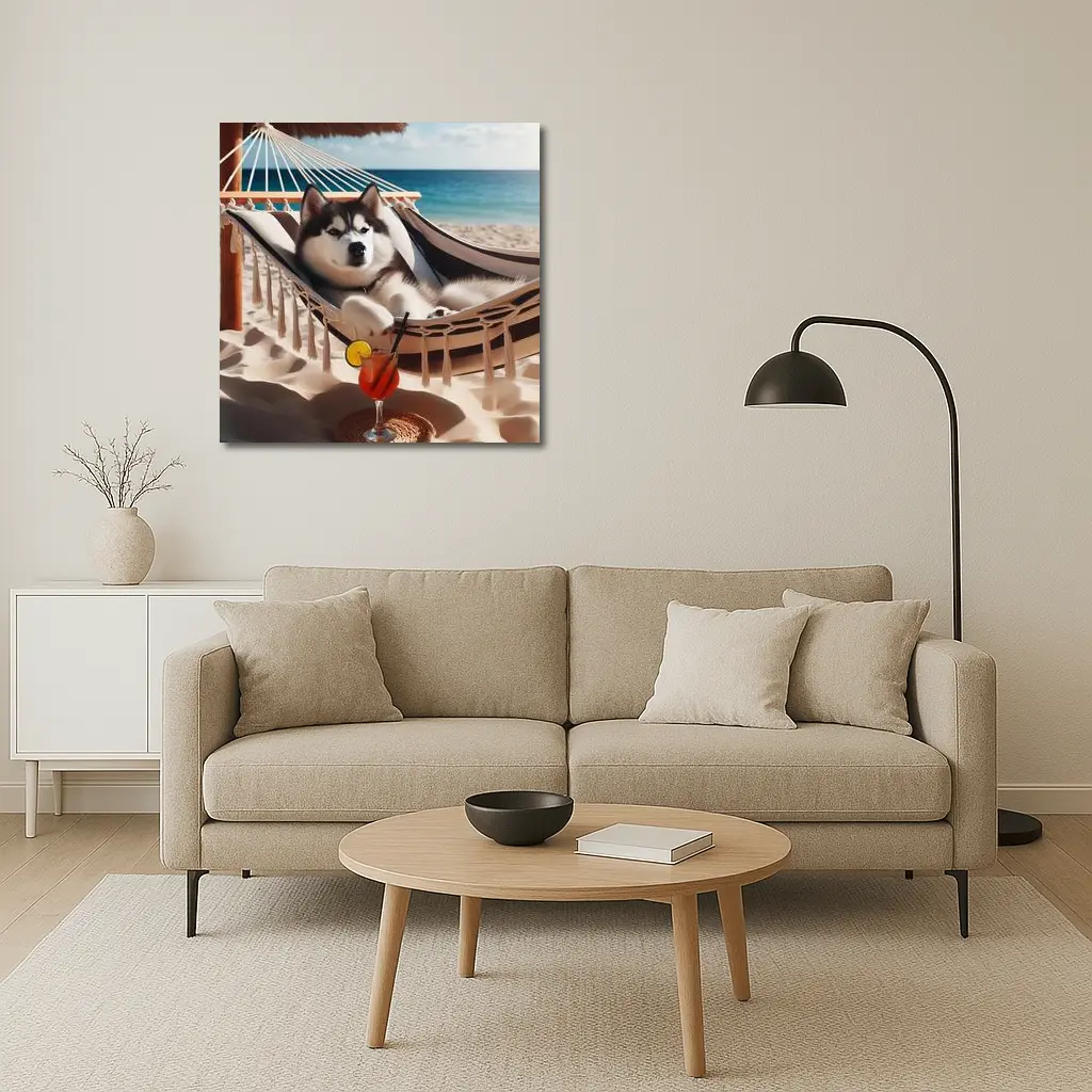 Siberian Husky Relaxing on Beach Hammock – Wall Art