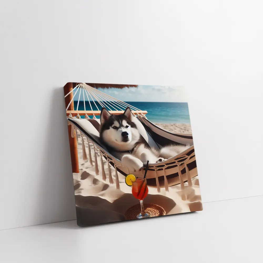 Siberian Husky Relaxing on Beach Hammock – Wall Art