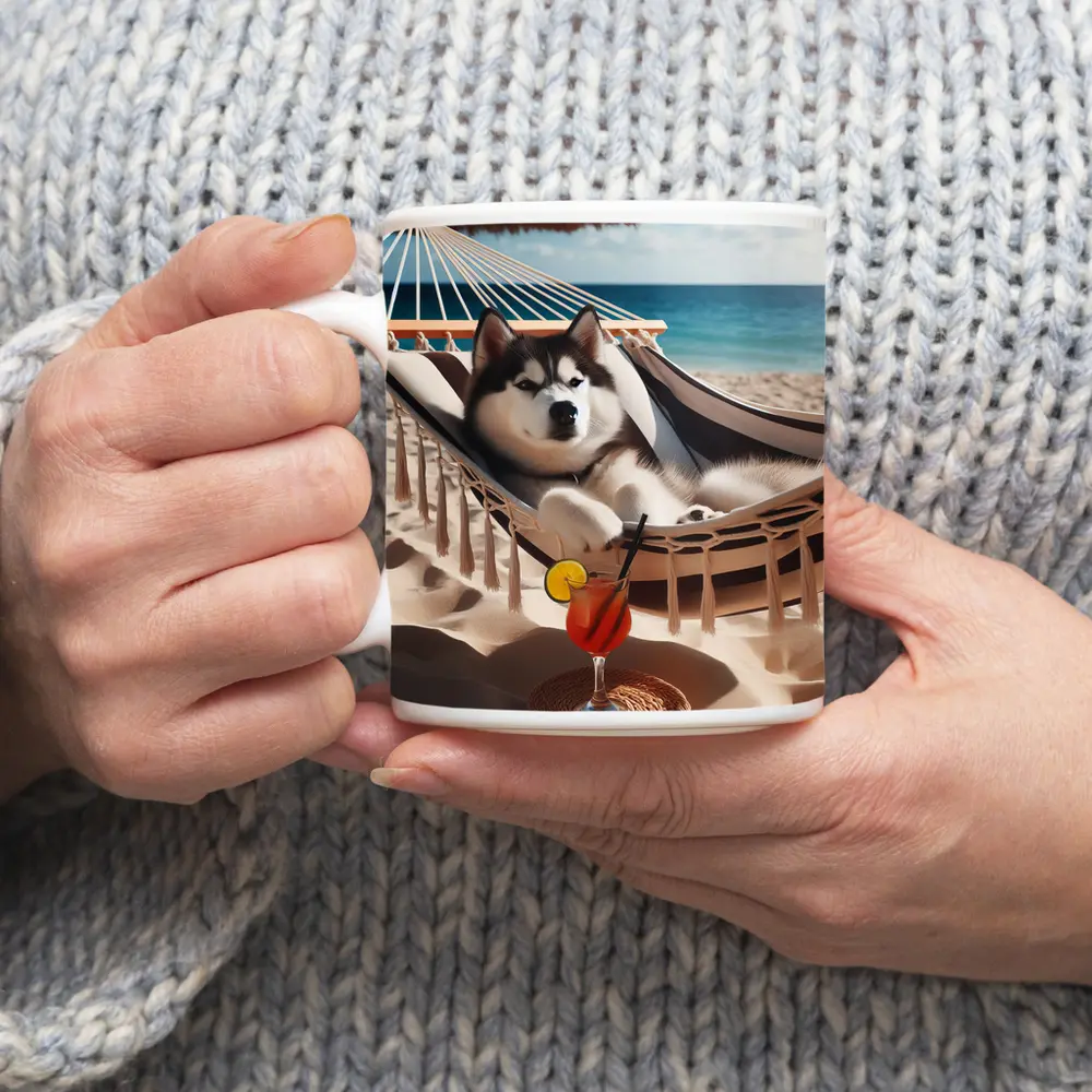 Siberian Husky Relaxing on Beach Hammock – Mugs