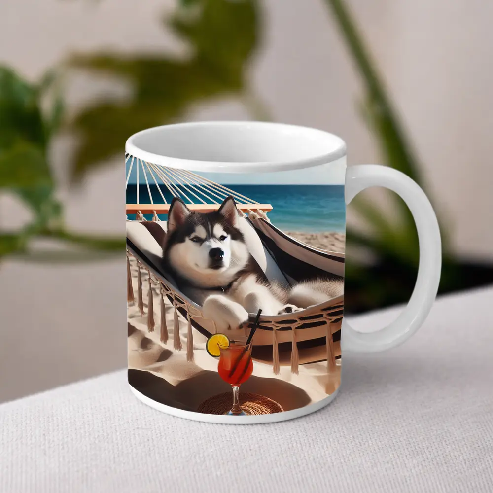 Siberian Husky Relaxing on Beach Hammock – Mugs
