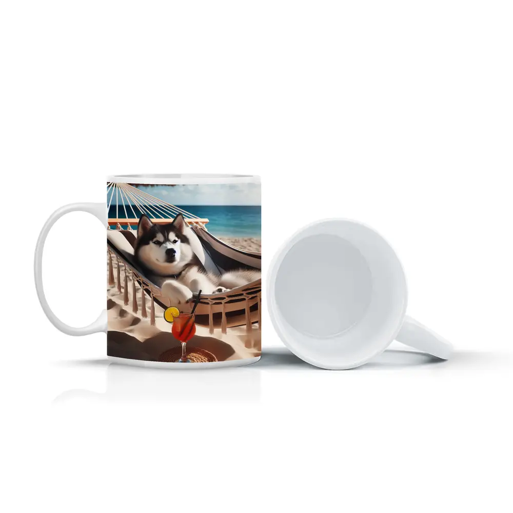 Siberian Husky Relaxing on Beach Hammock – Mugs