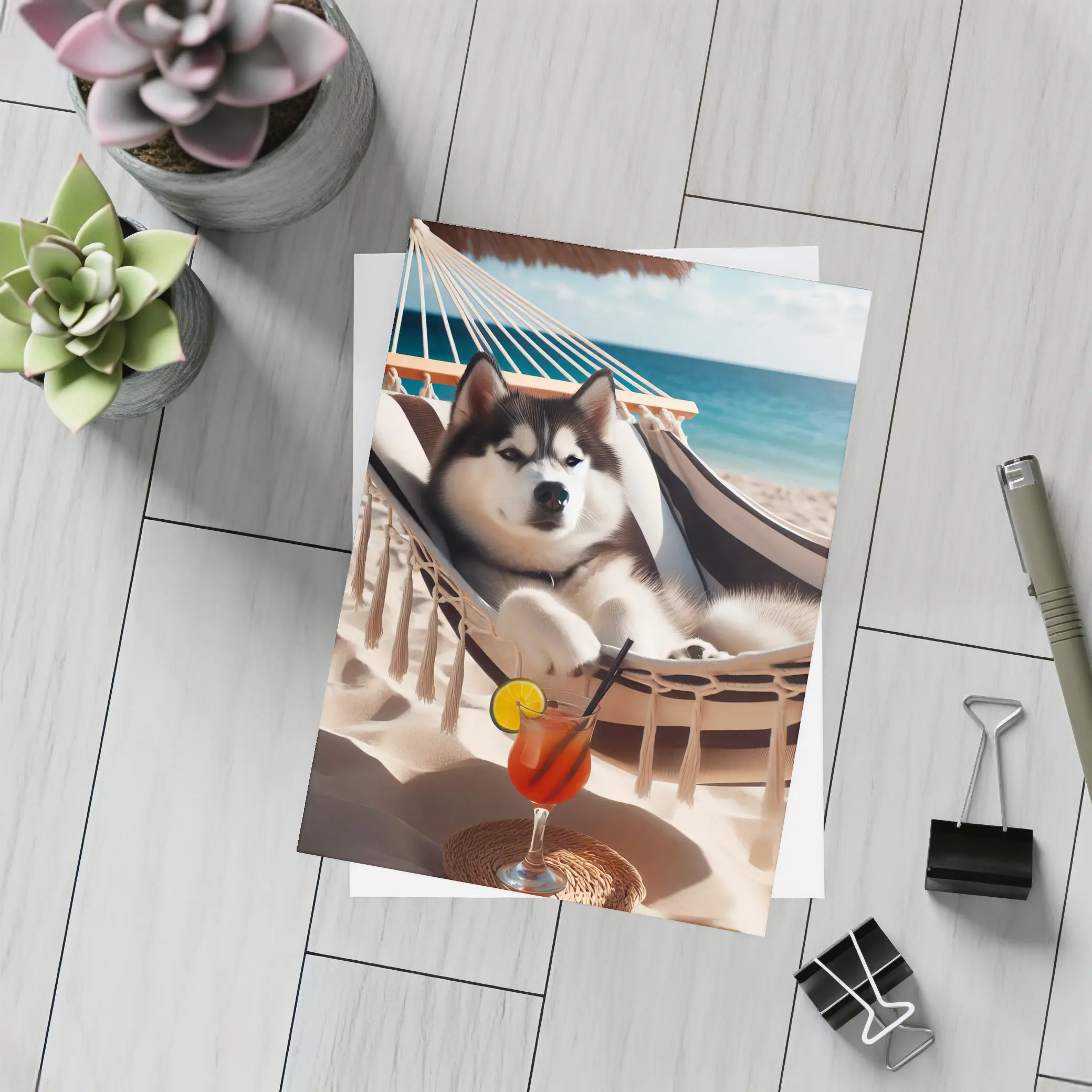 Siberian Husky Relaxing on Beach Hammock – Postcards