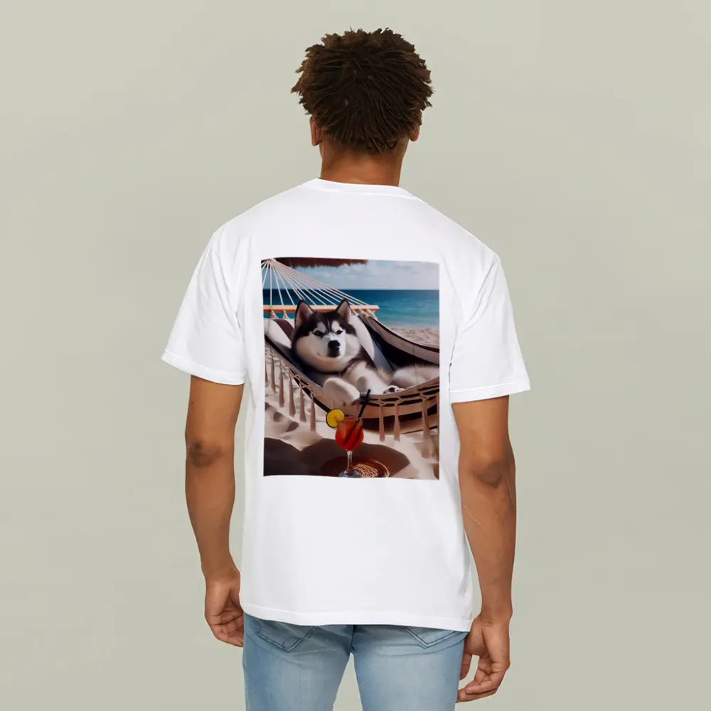 Siberian Husky Relaxing on Beach Hammock – T-Shirts