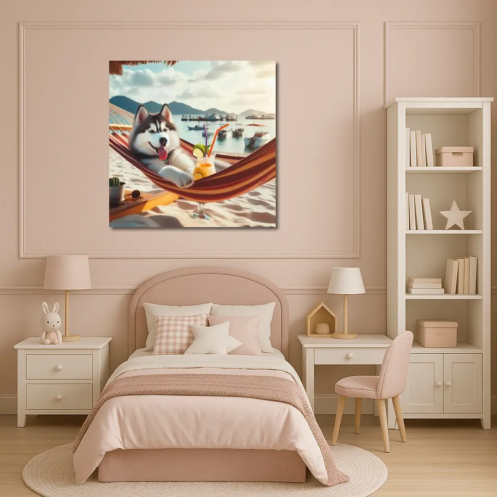 Siberian Husky Relaxing on Beach Hammock – Wall Art