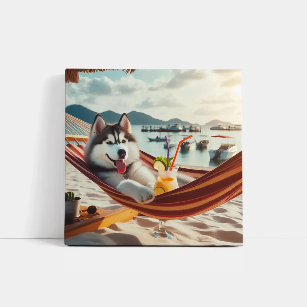 Siberian Husky Relaxing on Beach Hammock – Wall Art