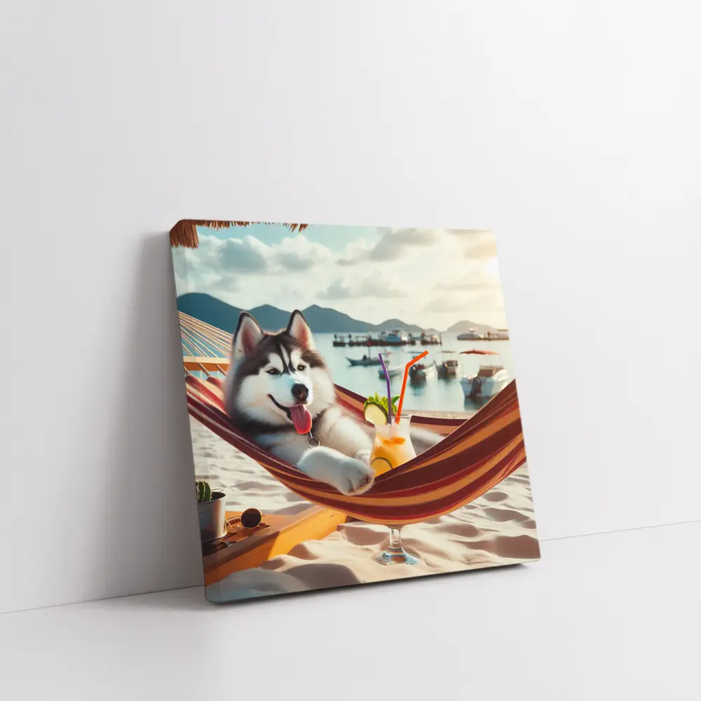 Siberian Husky Relaxing on Beach Hammock – Wall Art