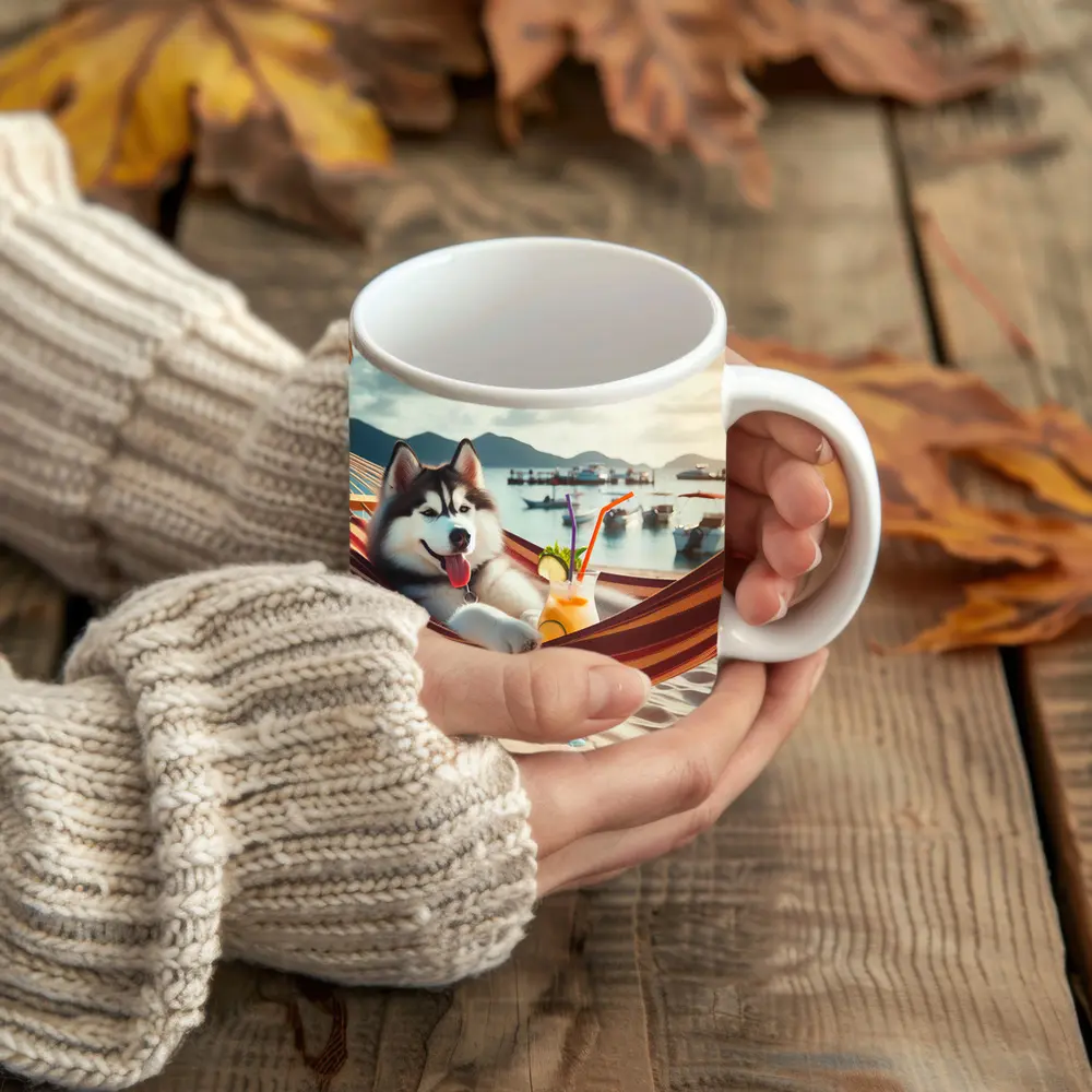 Siberian Husky Relaxing on Beach Hammock – Mugs