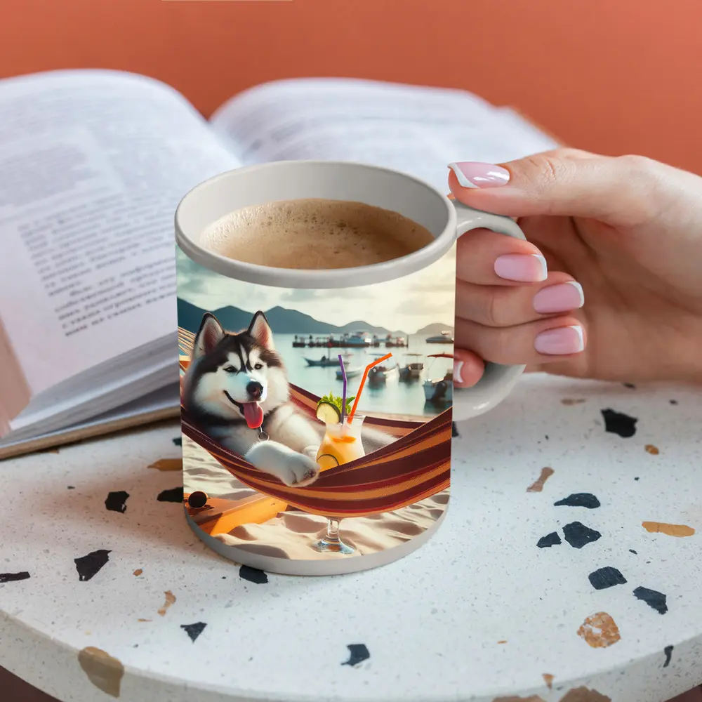 Siberian Husky Relaxing on Beach Hammock – Mugs