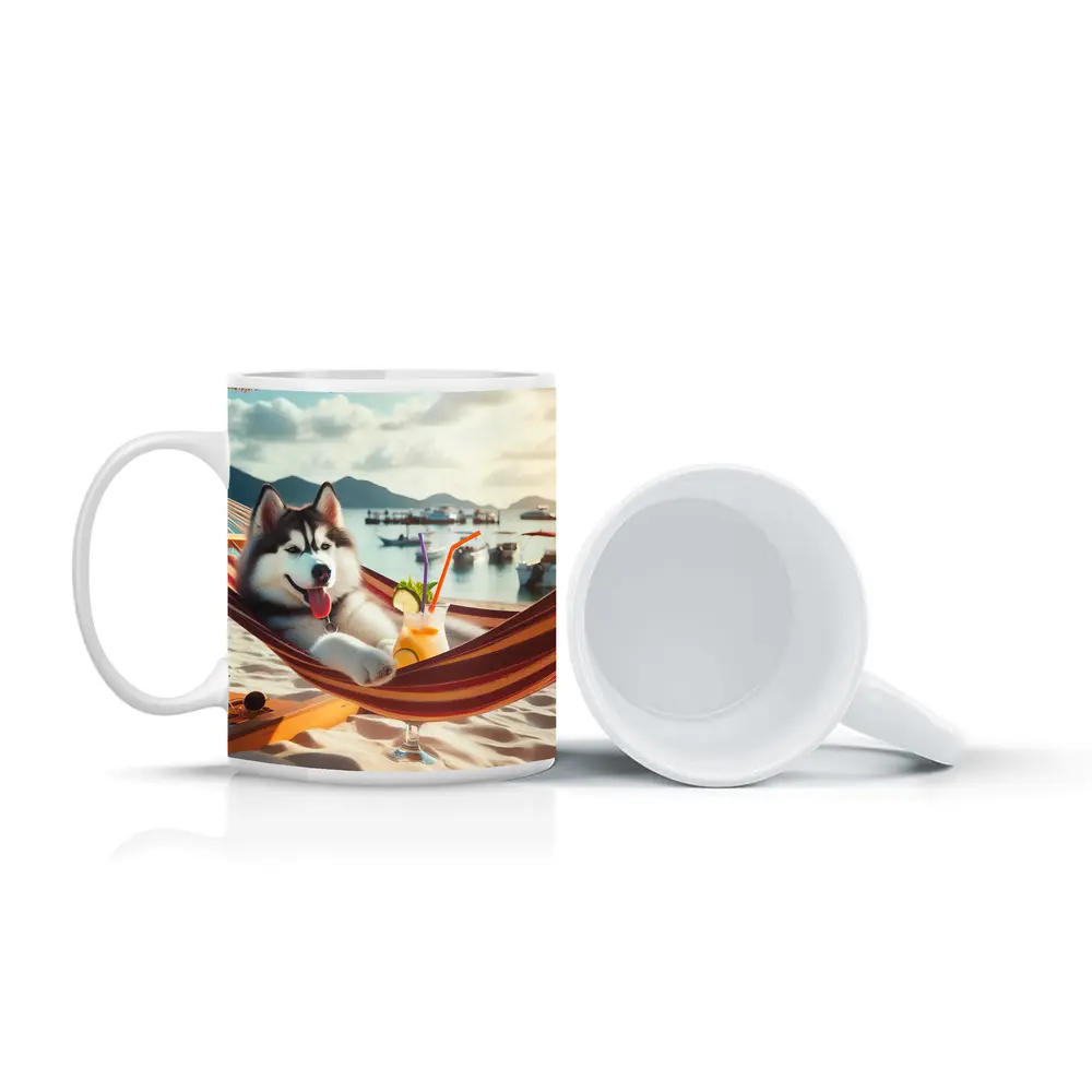 Siberian Husky Relaxing on Beach Hammock – Mugs
