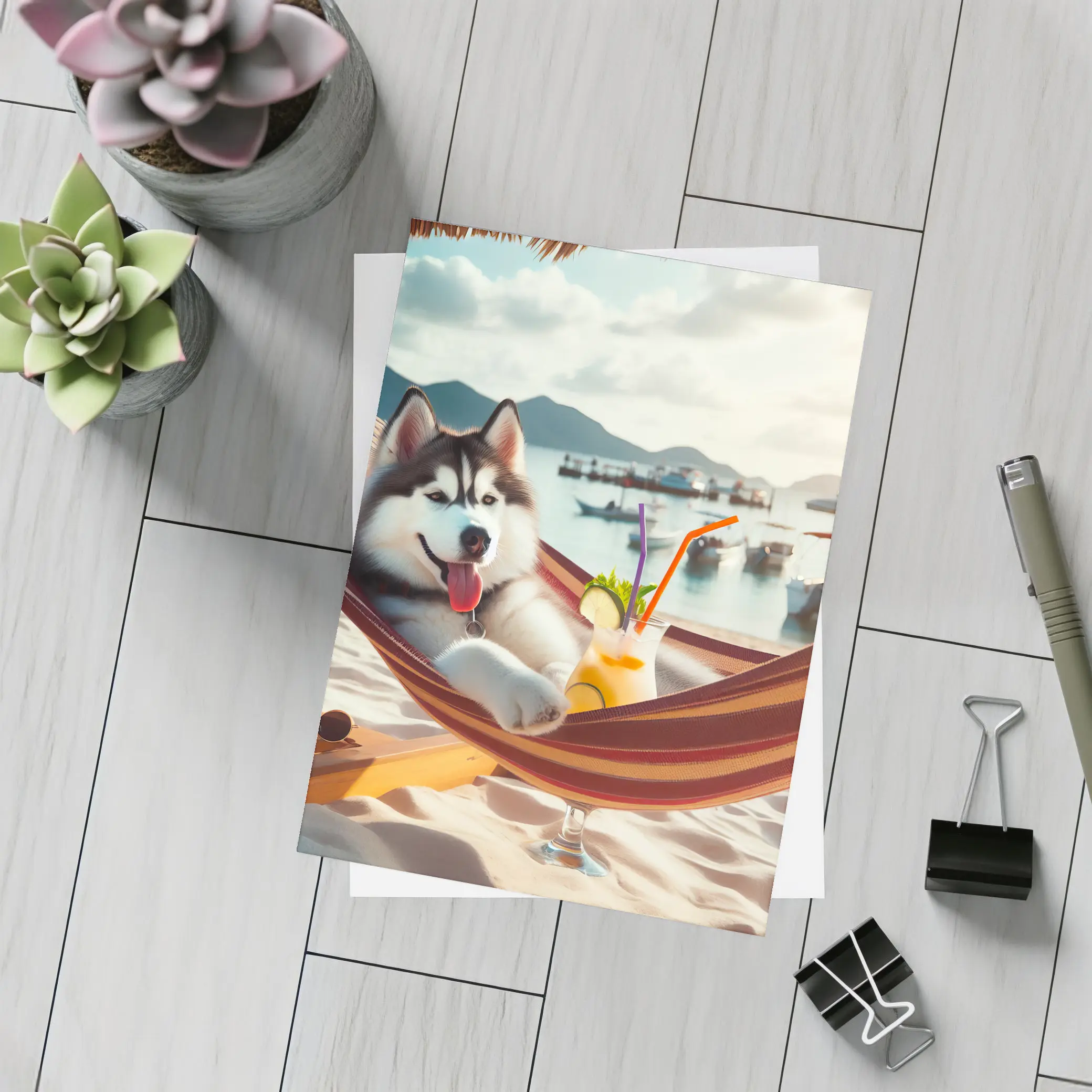 Siberian Husky Relaxing on Beach Hammock – Postcards