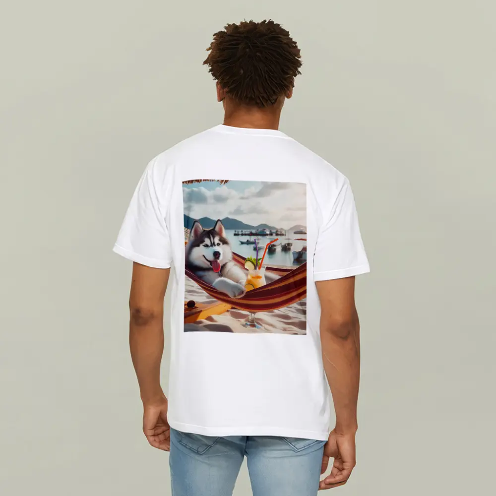 Siberian Husky Relaxing on Beach Hammock – T-Shirts