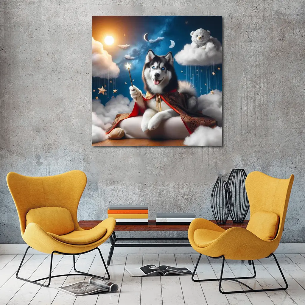 Siberian Husky Wizard Cape Stars Sky – Wall Art