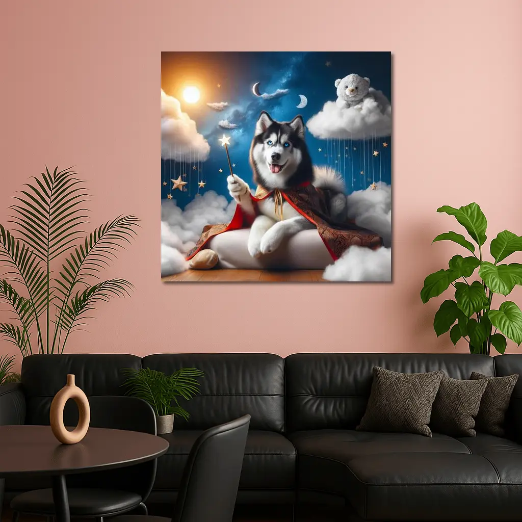 Siberian Husky Wizard Cape Stars Sky – Wall Art