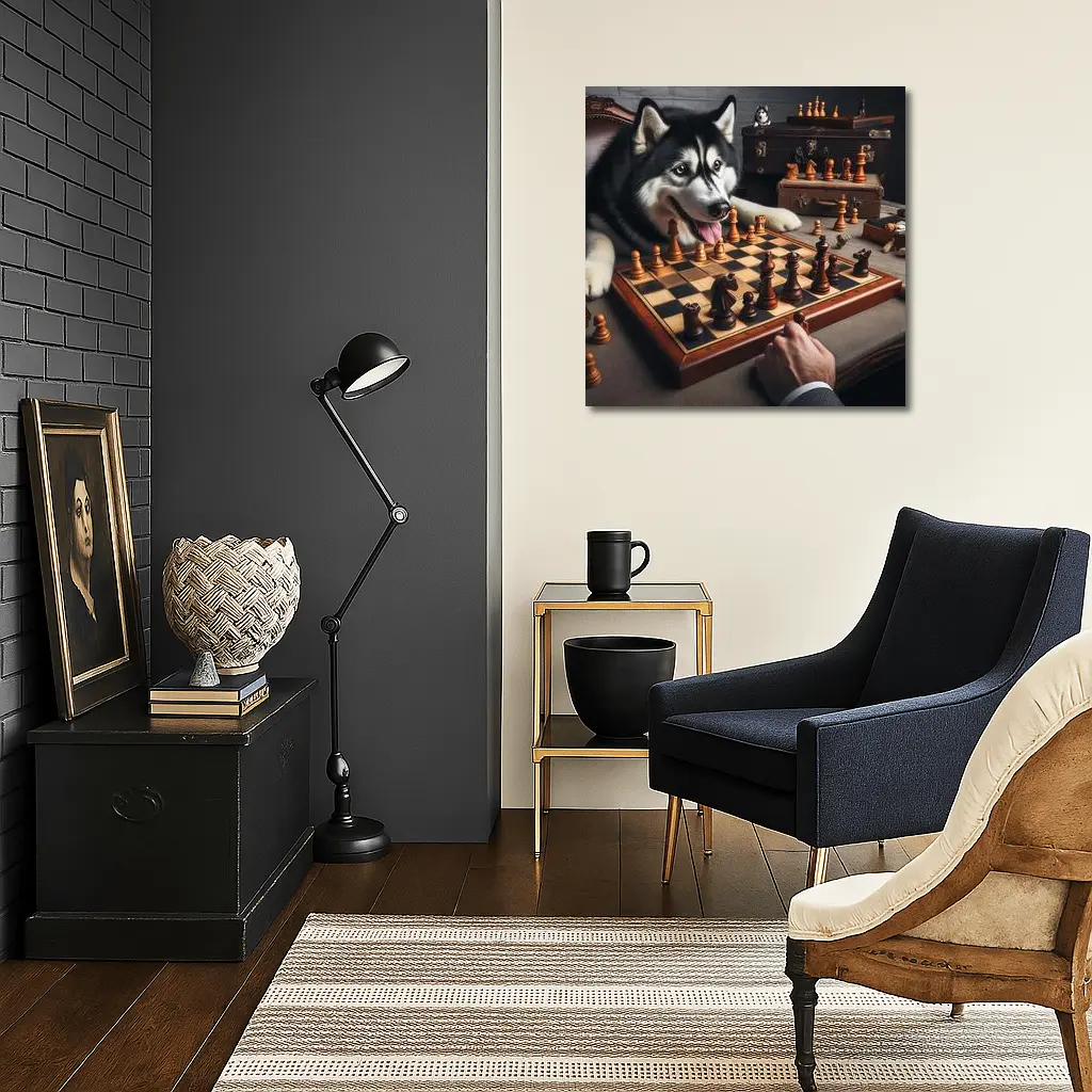 Siberian Husky Playing Chess Vintage Setting – Wall Art