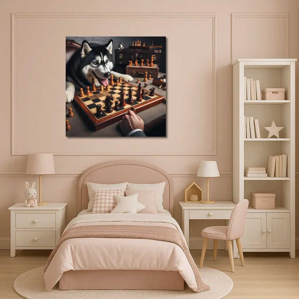 Siberian Husky Playing Chess Vintage Setting – Wall Art