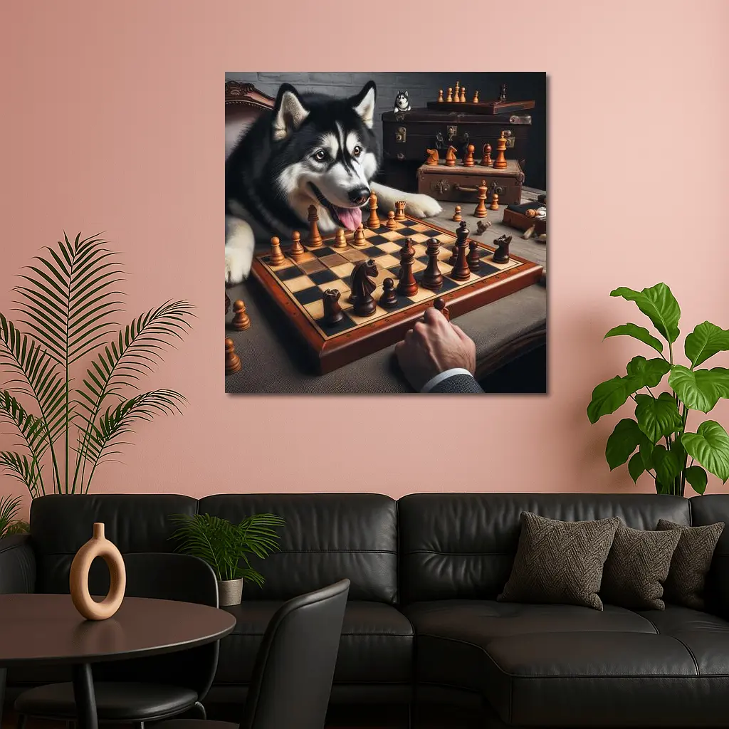 Siberian Husky Playing Chess Vintage Setting – Wall Art