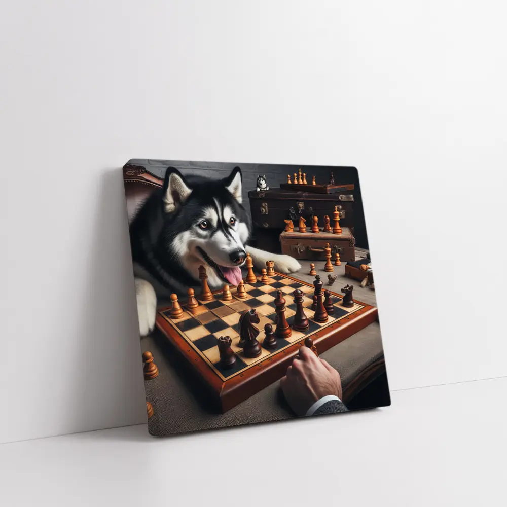 Siberian Husky Playing Chess Vintage Setting – Wall Art
